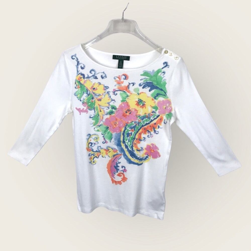 Ralph Lauren White Pink Tee Shirt Floral 100% Cotton Nautical Neck Top